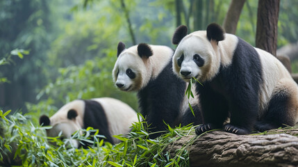 Obraz premium Close ups of three pandas eating bamboo