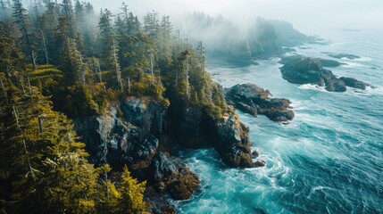 Aerial Photography, rugged coastline of the Pacific Northwest, temperate oceanic climate, rocky shores, dense forests, interplay of land and sea