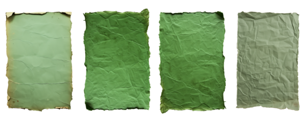 Collection of four different textured and torn green papers isolated on transparent background