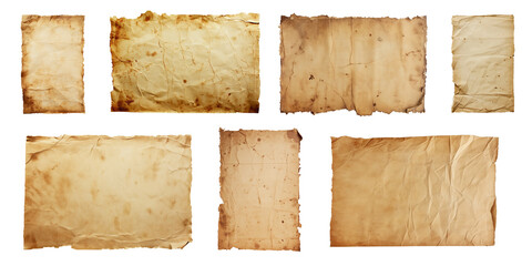 A collection of vintage, aged paper sheets with various stains and crinkles, isolated on a transparent background, suitable for historical document concepts