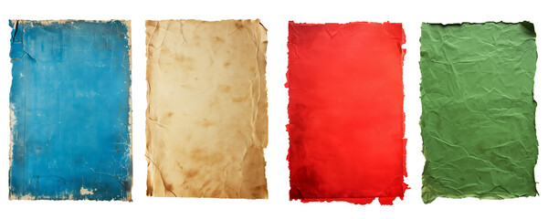 A set of crumpled aged pieces of paper in blue, brown, red, and green, isolated on a transparent background