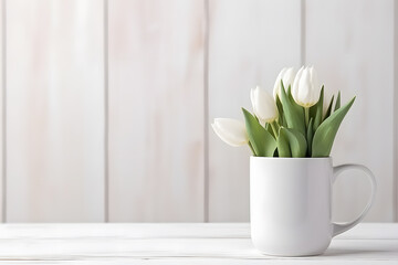 White mug with bouquet of spring flowers with white wall with copy space