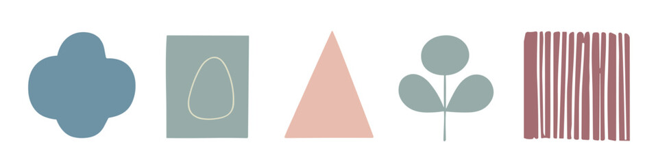 A collection of minimalistic vector elements in a calm color scheme, featuring abstract shapes and natural motifs, ideal for modern design, patterns and graphic projects.