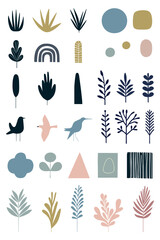Vector collection of minimalistic botanical elements of birds, plants, geometric shapes in a calm pastel palette