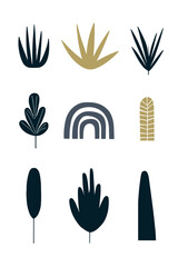 Vector set of nature elements in a minimalist style, including different types of leaves and architectural shapes, ideal for graphic design, eco themes and creative projects.