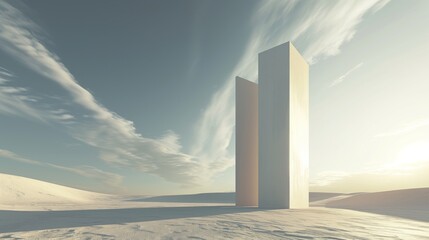 Surreal and minimalist towering structure with clean lines and sharp angles stands against a backdrop of a cloudless sky, creating a sense of isolation and otherworldliness - obrazy, fototapety, plakaty