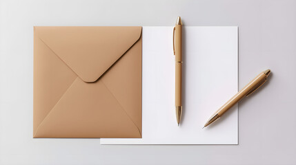 Pens, writing paper and an envelope on a gray background