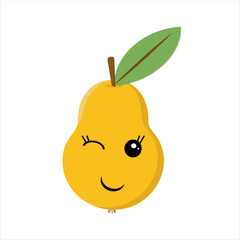 Pear with kawaii eyes. Flat vector illustration of a yellow smiling pear with green leaf.Funny cartoon character for agriculture or food design.