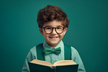 Schoolboy 7-9 years in glasses and with book om head, smiling, looking at camera, isolated on the green background