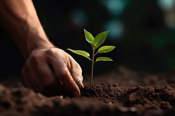 Man hands planting a sapling