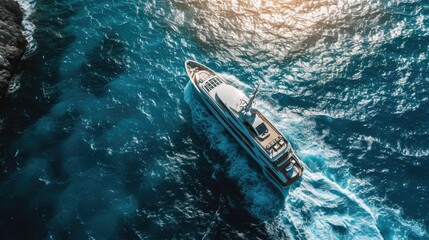 Aerial Photography, luxury yacht gliding through the azure waters of the Mediterranean, clear sunny day, sleek modern design, white and silver yacht, contemporary elegance. - obrazy, fototapety, plakaty