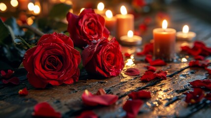 valentine background wallpaper, hearts, candles, red roses, copyspace 