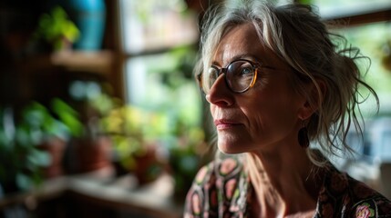 Mature woman planning retirement at home.