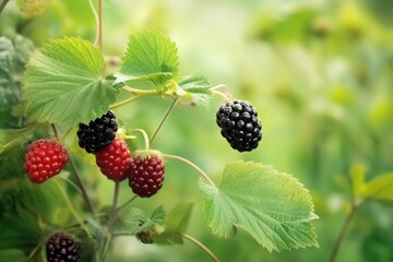 Ripe blackberries still on the tree with green leaves. Generative AI