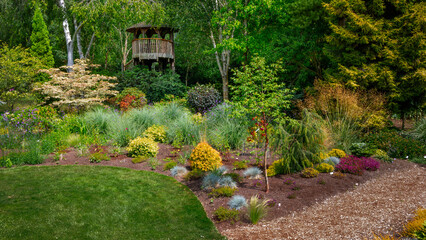 garden view with tree house