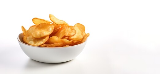photo of a pile of crunchy and tasty potato chips in a white bowl and on a white background. generative AI