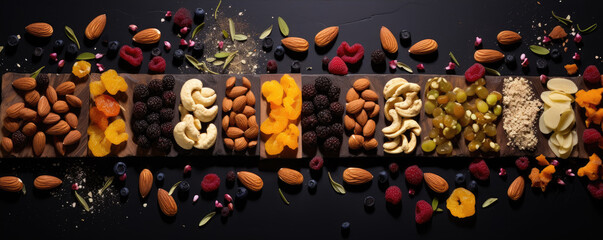 Various of muesli fit bars on black background.