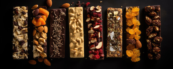 Various of muesli fit bars on black background.