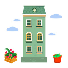 Cute cartoon old town houses. Flat isolated objects on white background. Vector illustration. 