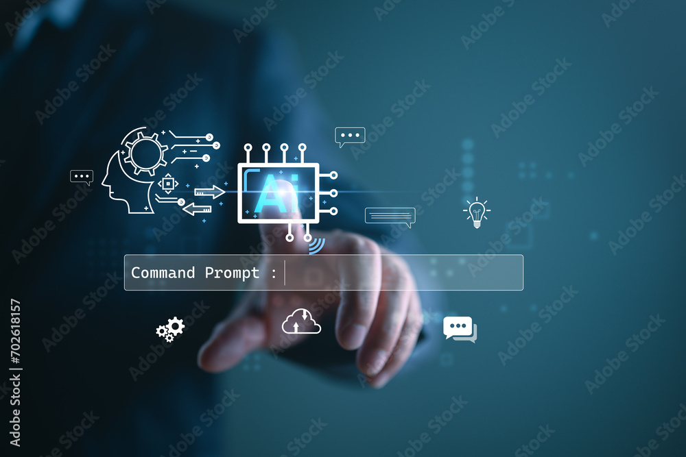 Poster ai technology, artificial intelligence, search engine, businessman using laptop connection to ai, us