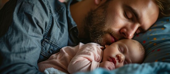 Exhausted father with sleeping baby experiences postpartum depression at home. - obrazy, fototapety, plakaty