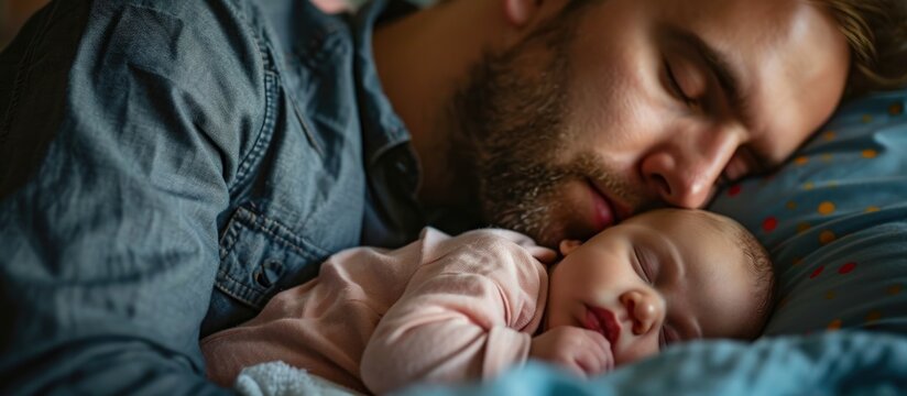 Exhausted father with sleeping baby experiences postpartum depression at home.