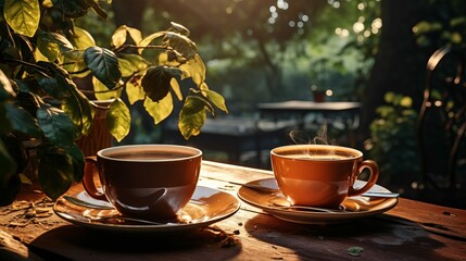 Morning cup of coffee with roasted coffee beans outdoors generated by AI