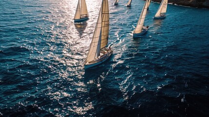 Aerial Photography, fleet of racing sailboats during a regatta, open ocean, competitive and sporty, high-energy race - obrazy, fototapety, plakaty