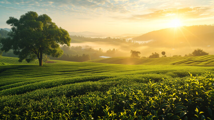 Sunrise Over a Lush Green Tea Field