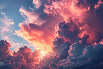 A dreamy depiction of heart-shaped clouds drifting across a vibrant sunset sky, capturing the ethereal beauty and boundless possibilities of love. - obrazy, fototapety, plakaty