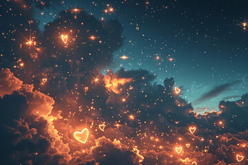 An ethereal composition featuring heart-shaped stars radiating in the night sky, embodying the everlasting and celestial nature of true love. - obrazy, fototapety, plakaty