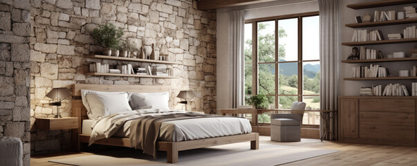 Modern loft style bedroom. Rooms with wooden floors decorate with fabric bed.