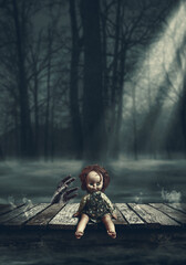 Creepy doll on a wooden deck at night
