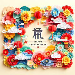 Colorful Paper style chinese new year festival celebration illustration with Sakura tree and lantern decoration, lunar, rabbit