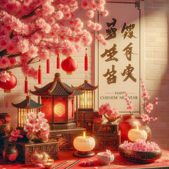 Chinese New Year celebration with Sakura tree and lantern decoration festival background