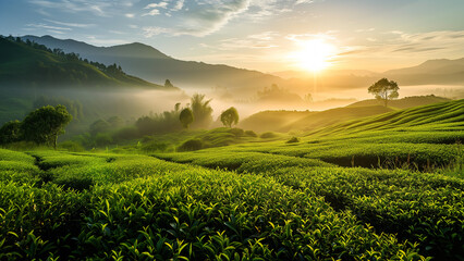A Vast Green Tea Field at Sunrise