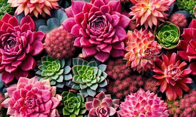 Obraz na płótnie Canvas Green and pink colorful succulents texture. Desert plants background. Top view bright cactuses, gardening, horticulture theme. Wide screen wallpaper. Panoramic web banner with copy space for design.