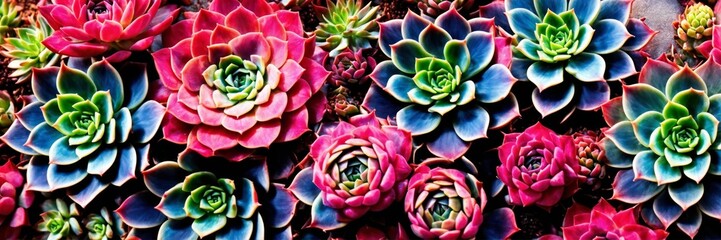 Green, blue and pink colorful succulents texture. Desert plants background. Top view cactuses, gardening, horticulture theme. Wide screen wallpaper. Panoramic web banner with copy space for design.