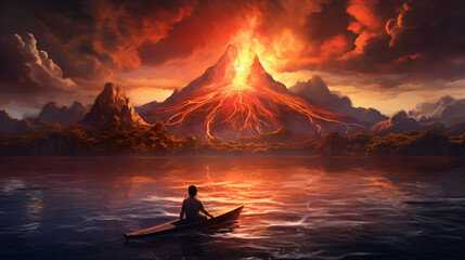 Fantasy world scenery showing a boy rowing a boat