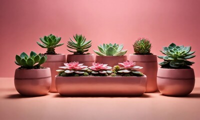 Green and pink colorful succulents in pots. Desert plants background. Top view bright cactuses, gardening, horticulture theme. Wide screen wallpaper. Panoramic web banner with copy space for design.