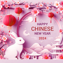 Paper style Chinese New Year festival celebration illustration with Sakura tree and lantern decoration, lunar, rabbit