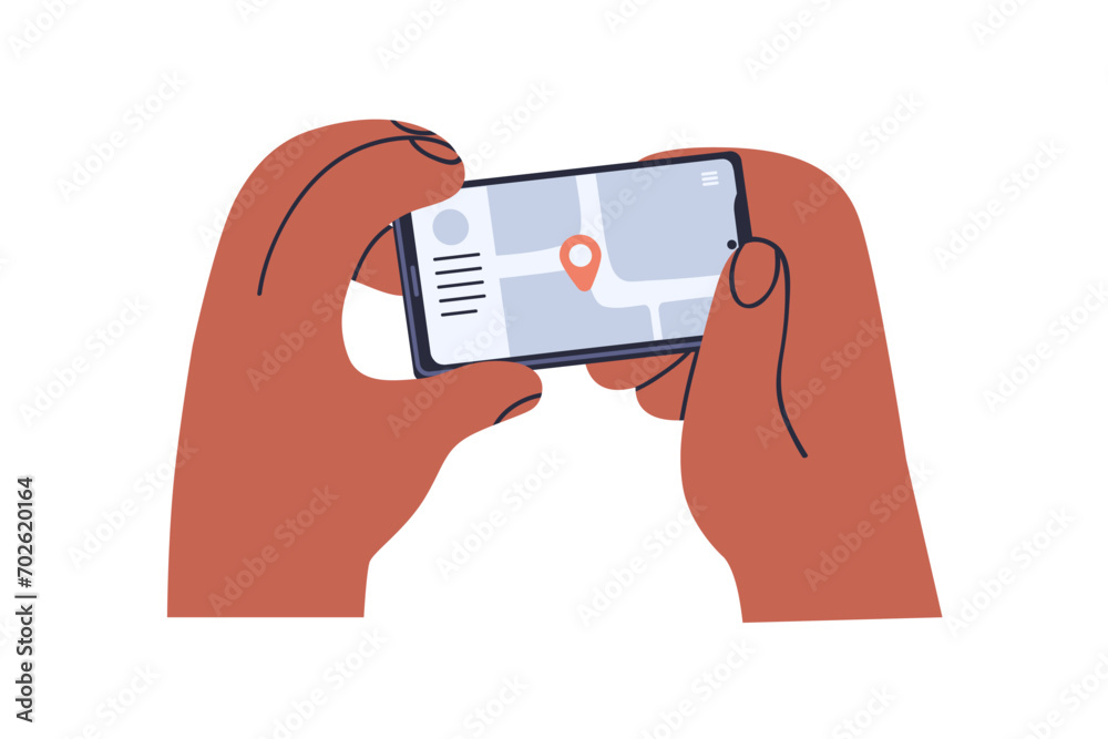 Poster Mobile phone screen with map app. Hands holding smartphone with GPS and navigation application, searching location, position, pin pointer. Flat vector illustration isolated on white background