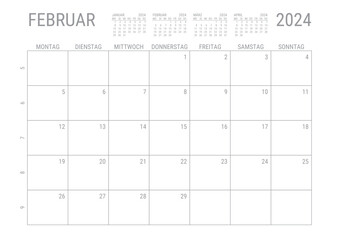 Monat Kalender Februar 2024 Monatskalender Kalenderblatt Kalendarium mit Kalenderwoche Planer DIN A4 Deutsch