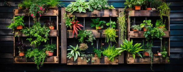 Fototapeta na wymiar Old pallets with hanging green plants,