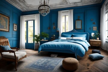 blue bed in vintage bedroom with good composition