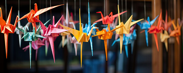 Color Paper origami Cranes. panorama photo. - obrazy, fototapety, plakaty