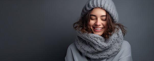 Beautiful woman in wart winter clothing. copy space for text. - obrazy, fototapety, plakaty