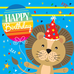happy birthday card with cute lion and balloon
