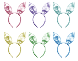 Set of satin silk pastel pink purple blue green yellow bunny rabbit hare ears headband headgear on transparent background cutout, PNG file. Many different colours. Mockup template for artwork design
