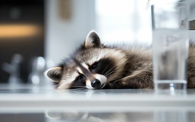 Raccoon pet laying on the modern kitchen. Exotic pet in the kitchen.